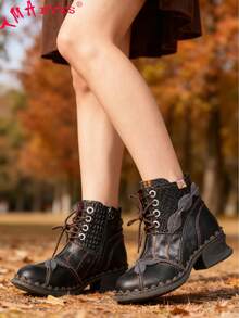 1 Pair TMA EYES Solid Color Punk Retro Casual Lace-Up Ankle Boots And Ankle Boots, Suitable For Office, Outdoor, Home Wear, All Seasons - Black - View 3
