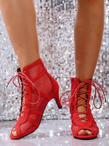 Fashionable High Heel Latin Dance Shoes For Teenagers And Students, Soft Sole Ballroom Dance Shoes, Salsa Dance Shoes, Satin Dance Shoes, Suitable For Daily Wear - Đỏ - Xem 3
