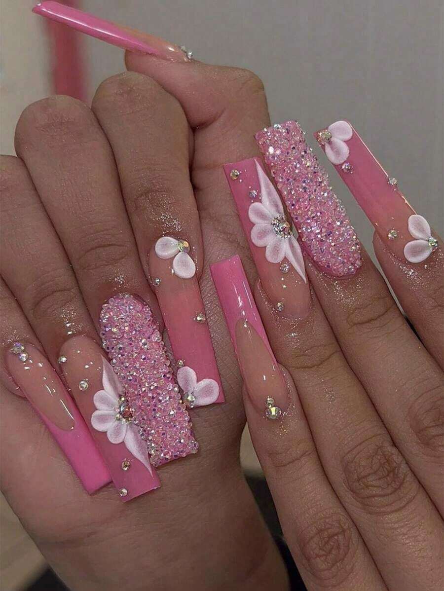 24pcs Pink French Fake Nails, 3D Five-Petal Flower & 3D Rhinestone Press-On Nails, Pink Artificial Nails, Manicure Supplies For Women And Girls E1P5 - 多色 2 - 查看 1