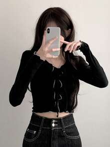 Girly Fashion V-Neck Long Sleeve Fitted Tie-Up Pullover Top For Women, Spring/Autumn