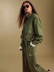 Sollinarry Women's Spring New Faux Suede Fashion Olive Green Stand Collar Zip Jacket And Matching Wide Leg Pants 2 Pieces Set - Army Green - View 2