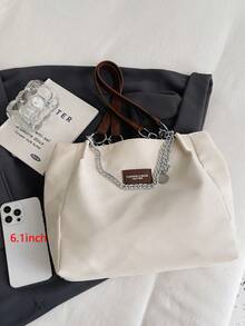 Túi đeo vai trang trí dây xích màu trơn dành cho nữ, Túi mua sắm dung tích lớn nhẹ tối giản cho công việc văn phòng hàng ngày và du lịch, Túi đeo chéo thời trang Hobo Túi xách Ba lô Quà tặng tri ân giáo viên khi trở lại trường (Kích thước: 33 * 26 * 12, Đơn vị: Cm), Quà tặng giáo viên - Màu be - Xem 3