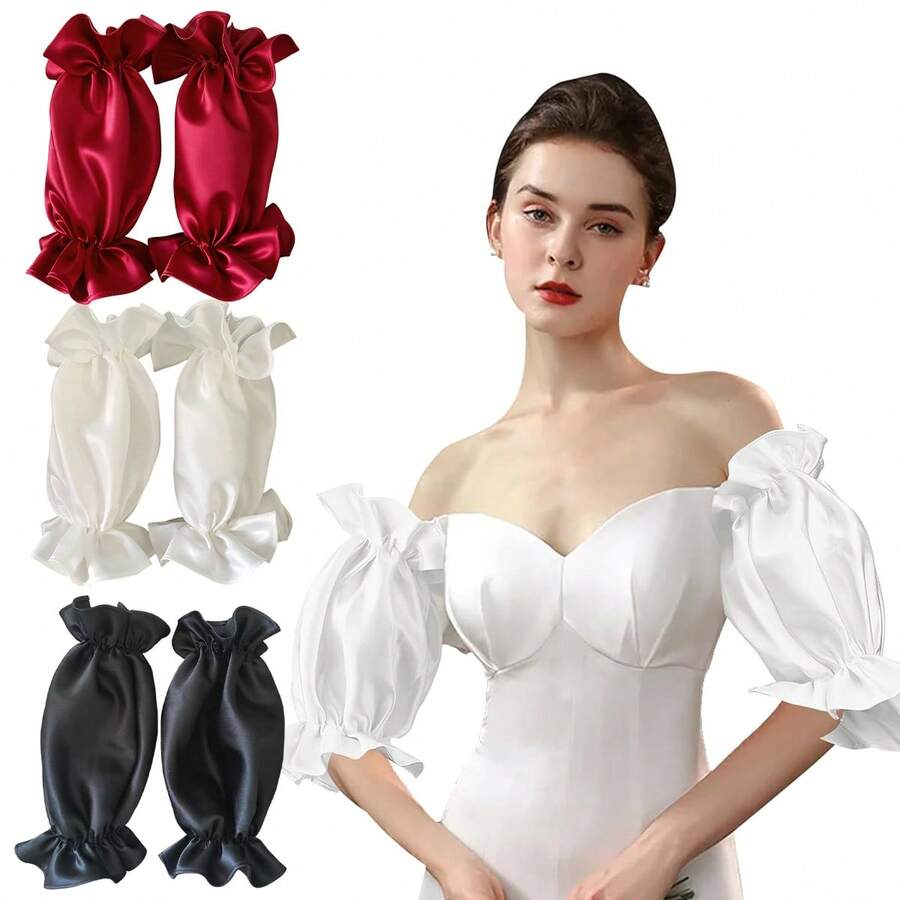 1 Bridal Gloves, Satin Material Short Design, Both The Function Of Covering The Arm, Suitable For Sheath Wedding Dresses With Decorative Sleeve Scene