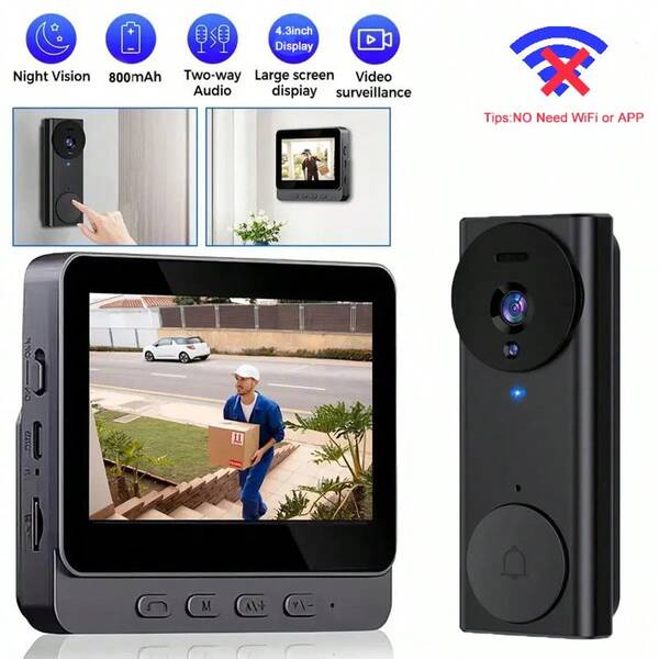 1 Set Smart Video Doorbell, 480P Camera Pixel, With 4.3 Inch Screen Real Time Indoor Monitor, Friendly Using For Elders, Local Storage, Night Vision, 2.4G Private Protocol, Strong Signal Long Endurance, Wide Angle