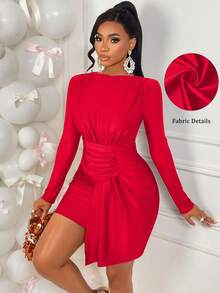 AIJ Amarilo Women's Autumn/Winter Fashionable Sexy Party Mini Dress, Round Neck, Long Sleeve, Padded Shoulder, Waist Ruffle, Asymmetric Patchwork Design - Red - View 1