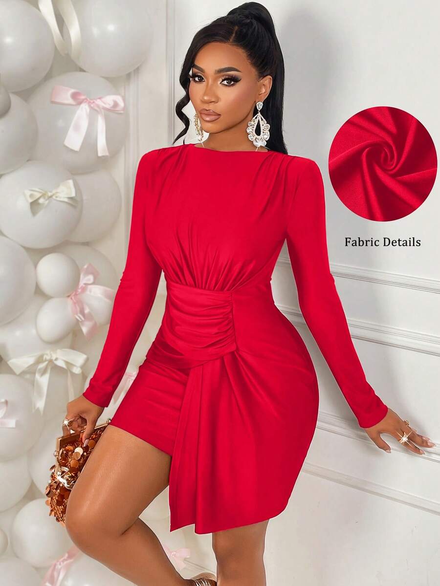 AIJ Amarilo Women's Autumn/Winter Fashionable Sexy Party Mini Dress, Round Neck, Long Sleeve, Padded Shoulder, Waist Ruffle, Asymmetric Patchwork Design - Red - View 1