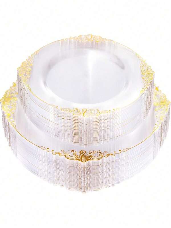 Conjunto de louça decorativa de Natal com pratos transparentes de 19 cm e 26 cm com borda dourada, prato elegante para salada de frutas, reutilizável e fácil de limpar. Adequado para a maioria das ocasiões: decoração de casamento, festa de aniversário, reunião familiar, atividades ao ar livre, escola, piquenique, churrasco, restaurante e decoração de cozinha.
