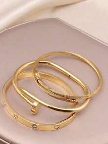 3pcs Fashionable Stainless Steel High Quality Flower Zirconia Women Nail Bangle Bracelet Jewelry Set, Suitable For Daily Wear - Vàng - Xem 2