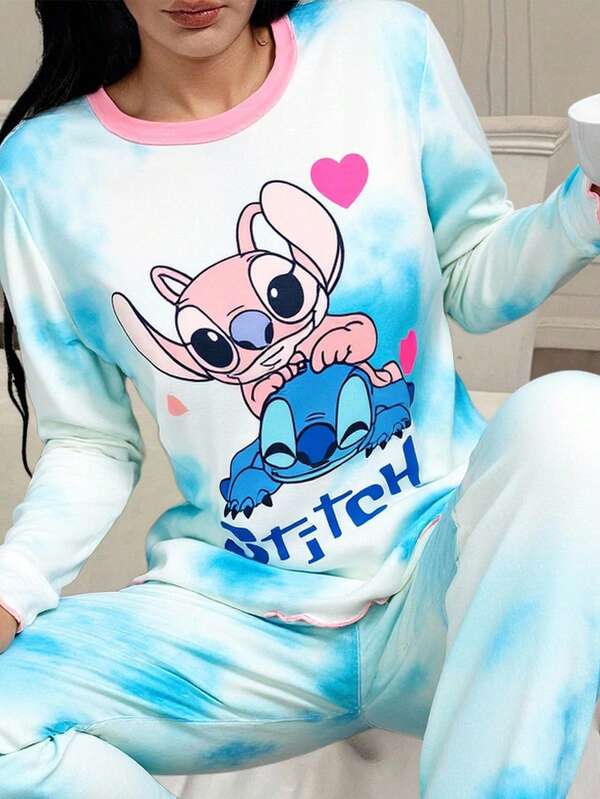 Disney Disney Women's Cute Stitch Print Pajama Set, Long Sleeve Top And Pants, Crew Neck, Comfortable Loungewear For Spring And Autumn