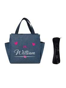 1 pieza Bolsa de almuerzo aislada con diseño personalizable de nombre y corazón, diseño de bolsillo doble, gran capacidad para lonchera de estudiante, forro de aluminio grueso - Negro - Ver 13