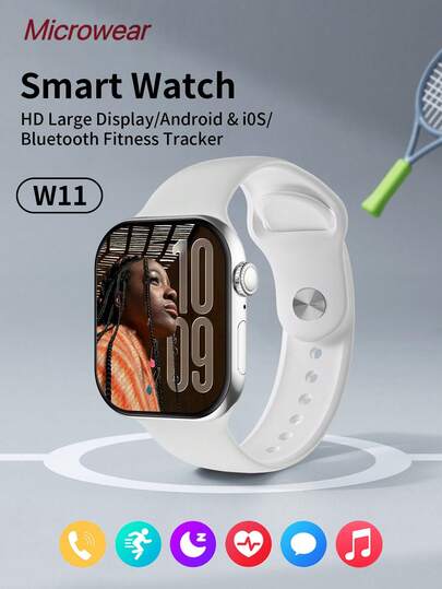 Microwear 2.07" Full Touch Screen Unisex Smart Watch, Compatible With IPhone, Samsung, Android, Supports Bluetooth Calling, Heart Rate & Sleep Monitoring, IP68 Waterproof, White