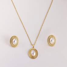 1 Set Elegant Gold Stainless Steel French Pearl Necklace & Earrings Jewelry Set, Suitable As Gift For Women