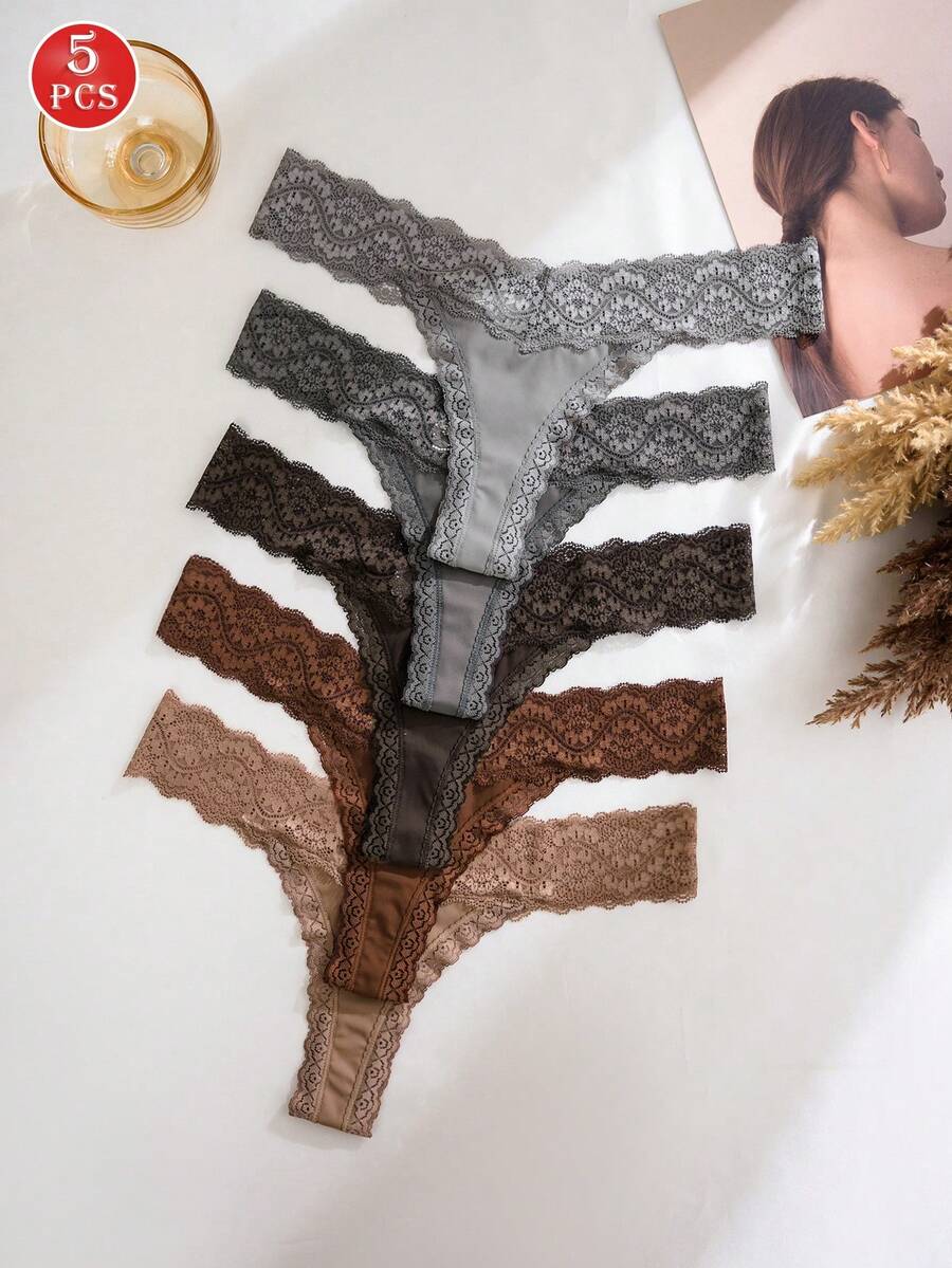 5pcs/Pack Women's Casual Lace Patchwork Low Waist Thong Panties - Multicolor - View 1