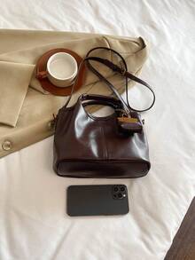 1 peça (9,8 pol. x 7,9 pol. x 4,7 pol.) Bolsa de mão feminina da moda, bolsa de ombro, bolsa transversal, bolsa tote, material de PU resistente a arranhões e desgaste, adequada para compras, encontros, passeios, deslocamento para o trabalho, alça ajustável, com bolsa interna removível, bolsa casual minimalista elegante - Café - Ver 4