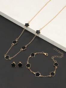 4 件套女士三叶草首饰套装，复古风格滴油幸运花项链、手链、耳环，情人节珠宝礼物