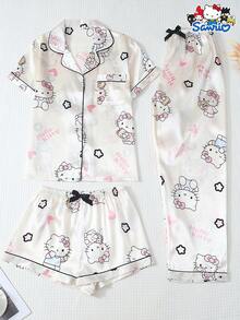 SANRIO 3件套女士睡衣套装，Hello Kitty领短袖纽扣口袋上衣搭配蝴蝶结长裤和短裤，休闲家居服，秋冬服装 - 白色 - 查看 1