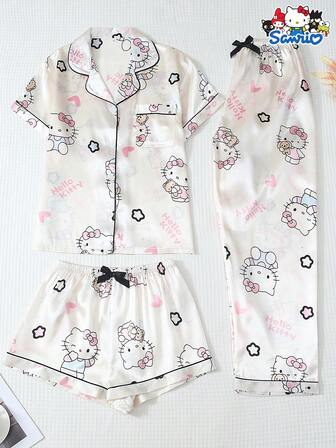Sanrio Conjunto de 3 piezas de pijama para mujer, con blusa de manga corta con bolsillo y cuello de Hello Kitty, y pantalones/shorts con moño, ropa casual para estar en casa en otoño e invierno