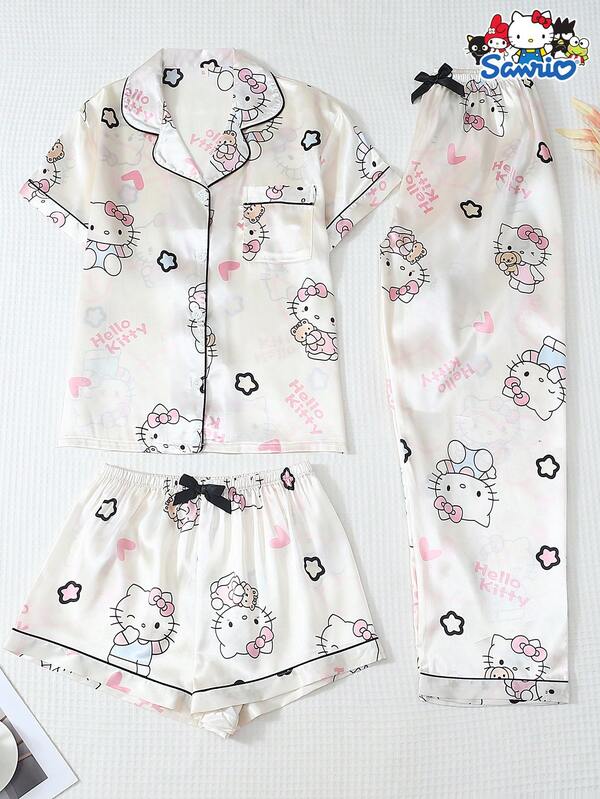 Sanrio 3pcs Women Pajama Set, Hello Kitty Collar Short Sleeve Button Pocket Top And Bowknot Pants/Shorts Casual Loungewear For Home Use