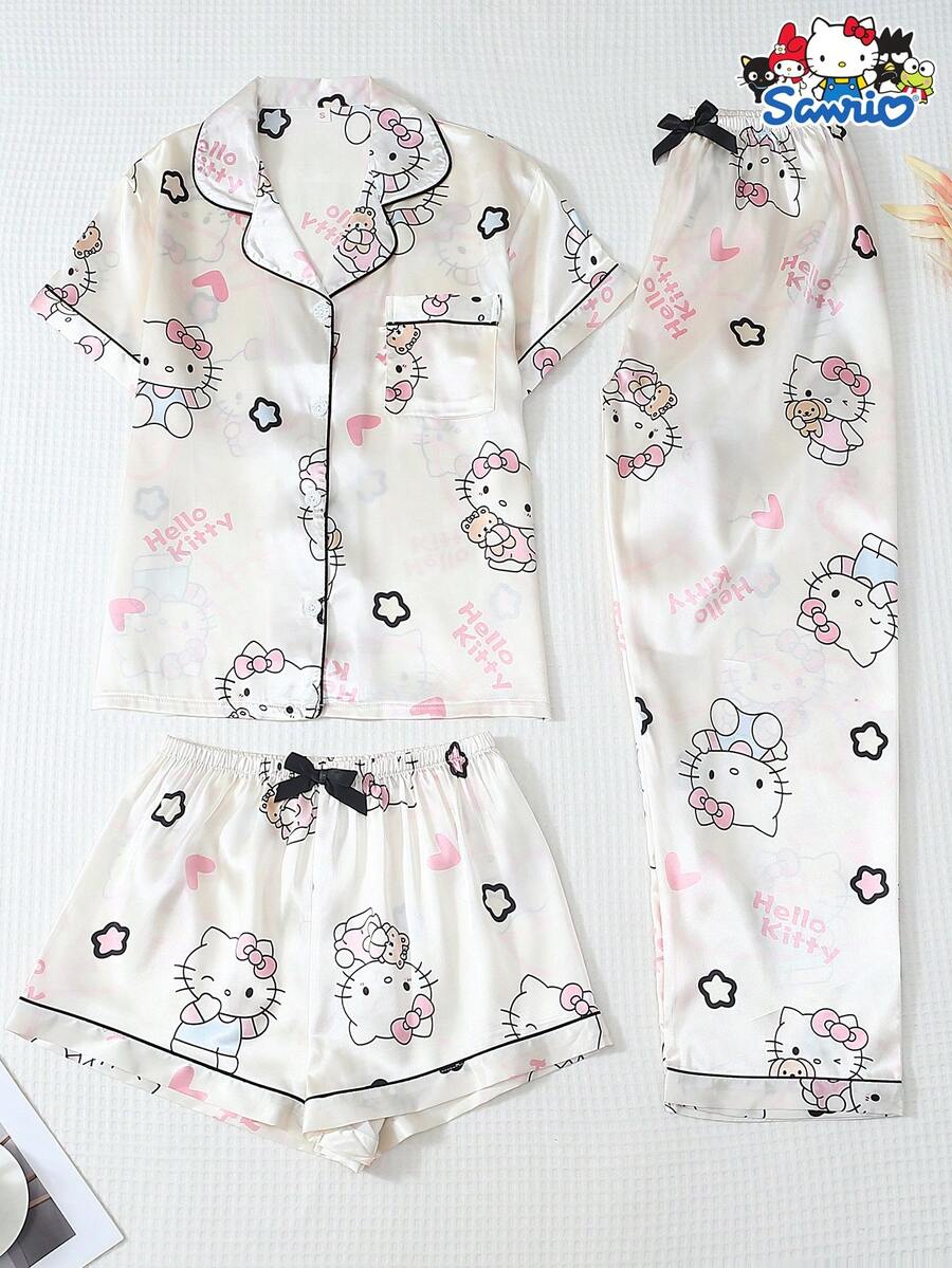 SANRIO 3件套女士睡衣套装，Hello Kitty领短袖纽扣口袋上衣搭配蝴蝶结长裤和短裤，休闲家居服，秋冬服装 - 白色 - 查看 1
