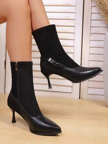 女士时尚踝靴，2025秋冬新款尖头拼接后跟带扣侧拉链弹力细跟踝靴，户外通勤复古优雅日常百搭时尚女靴，黑色，猫跟 - 黑色 - 查看 4