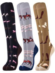3双装女士过膝骑马袜，舒适户外女士袜，动物主题派对爱马人士礼物袜，创意袜子礼物，送给妈妈、女朋友，马图案过膝袜，圣诞礼物，派对礼品，Y2K风格，舒适