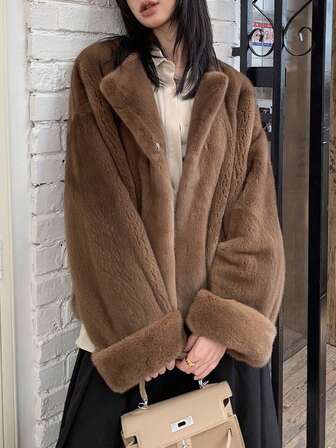Women's Fashionable Lapel Solid Color Faux Fur Jacket