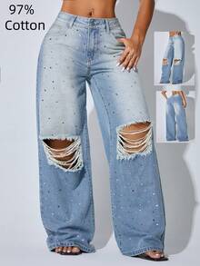 Low Waist Wide Leg Casual Blue Ripped Slanted Pocket Curved Women'S Jeans Rhinestone Embroidery - Blue - View 3