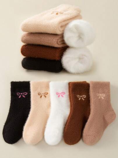 5 Pairs Random Brown Cute Bow Design Thickened Plush Lined Mid-Calf Socks For Kids, Solid Color, Warm And Comfortable For Winter