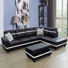 Black & White Semi-PU Leather 3-Piece Sofa Set With Storage Ottoman | [2 Options]2 Purchase Options: Complete Set With 2 Pillows Or Ottoman Only, Modern Sectional Couch With Solid Wood Frame, Easy Assembly - Black and White - View 1