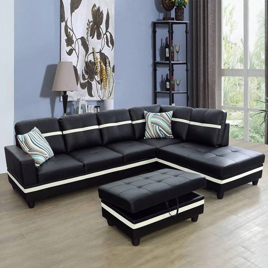 Black & White Semi-PU Leather 3-Piece Sofa Set With Storage Ottoman | [2 Options]2 Purchase Options: Complete Set With 2 Pillows Or Ottoman Only, Modern Sectional Couch With Solid Wood Frame, Easy Assembly - Black and White - View 1
