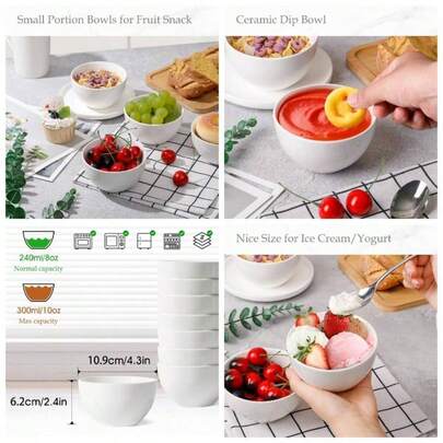 Ceramic Small Bowls, 300ml Dessert Bowl, 11x6cm Dip Bowls Set Sauce, Set Of 8, White, Microwavable Oven