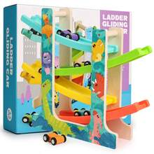 Holz Autorennbahn Spielzeug für Kleinkinder, Autorennstrecke Spielzeug mit 6 Mini Autos, Montessori Spielzeug für Kleinkinder, perfektes Geschenk für Jungen und Mädchen, Halloween/Weihnachtsgeschenk! - Eisenbahnwaggon aus Holz - Übersicht 4
