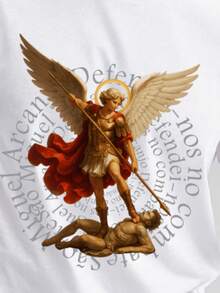 Catholic T-Shirt SAINT MICHAEL THE ARCHANGEL SPIRAL WRITING Unisex 100% Cotton - 白色 - 查看 2