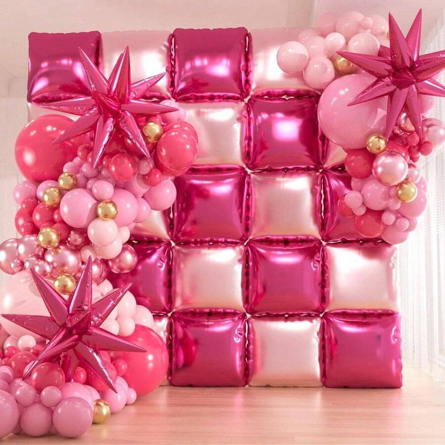 149pcs Pink And Gold Balloons Arch Kit - 25pcs Double Sided Hot Pink Flat Square Foil Balloons Wall Backdrop Anniversary Bachelorette Birthday Valentines Day Party Decoration - Màu Hồng Tươi - Xem 1