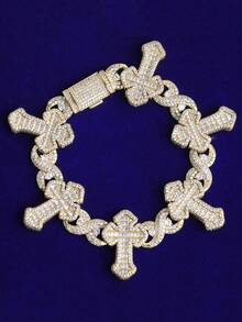 DUBSS 1 pieza Pulsera de cruz infinita con efecto de hielo para hombres, joyería de hip hop chapada con circonita cúbica 5A - Plateado - Ver 3