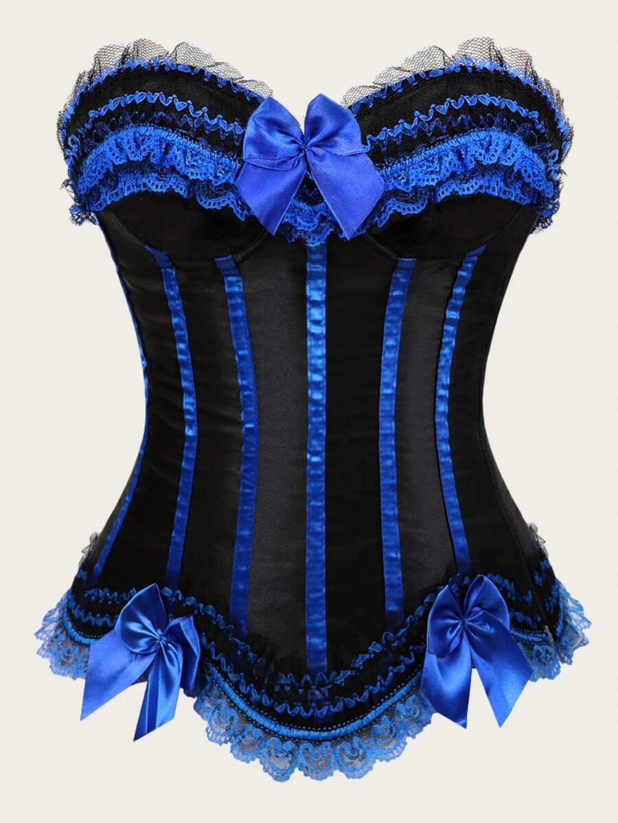 Jutrisujo Corsets For Women Tops Plus Size Stripe Lace Up Overbust Bustier ZipperLingerie Halloween Costumes - 8068-Blue - 查看 1