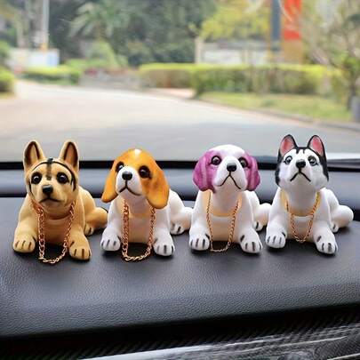 1件幸运狗！比格犬、哈士奇、圣伯纳犬、棕色腊肠犬仪表盘装饰摆件 - 树脂和ABS材质宠物狗摆件，点头造型，配金色项链
