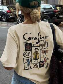 Women's Summer Cartoon And Slogan Graphic Round Neck Short Sleeved T Shirt ,Casual Loose And Versatile Holiday Style Tops,Fashionable Summer Outfits Suitable For Daily Holiday Wear,Halloween Costumes Women,Shalloween Atmosphere,Halloween Caroline And Ghost Graphic-White And Navy Off-The-Shoulder Cropped Top - 杏色 - 查看 1