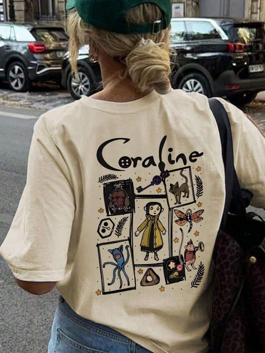 Women's Summer Cartoon And Slogan Graphic Round Neck Short Sleeved T Shirt ,Casual Loose And Versatile Holiday Style Tops,Fashionable Summer Outfits Suitable For Daily Holiday Wear,Halloween Costumes Women,Shalloween Atmosphere,Halloween Caroline And Ghost Graphic-White And Navy Off-The-Shoulder Cropped Top - 杏色 - 查看 1