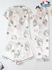 SANRIO 3件套女士睡衣套装，Hello Kitty领短袖纽扣口袋上衣搭配蝴蝶结长裤和短裤，休闲家居服，秋冬服装 - 白色 - 查看 2