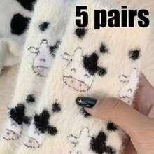 Niedliche Kuh gemusterte Plüsch Rundhals Socken, dick und warm Korallen Fleece Socken, Damen Seide Strümpfe und Socken, weich und bequem, geeignet für den täglichen Gebrauch, Weihnachten, Winterwärme Zuhause, Herbst- und Wintersocken, offene Socken, Herren mittellange enge Röhrensocken