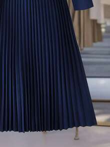 Women's Elegant Pleated Button-Down Long Sleeve Shirt Dress (Belt Not Included), Autumn - Navy Blue - View 5