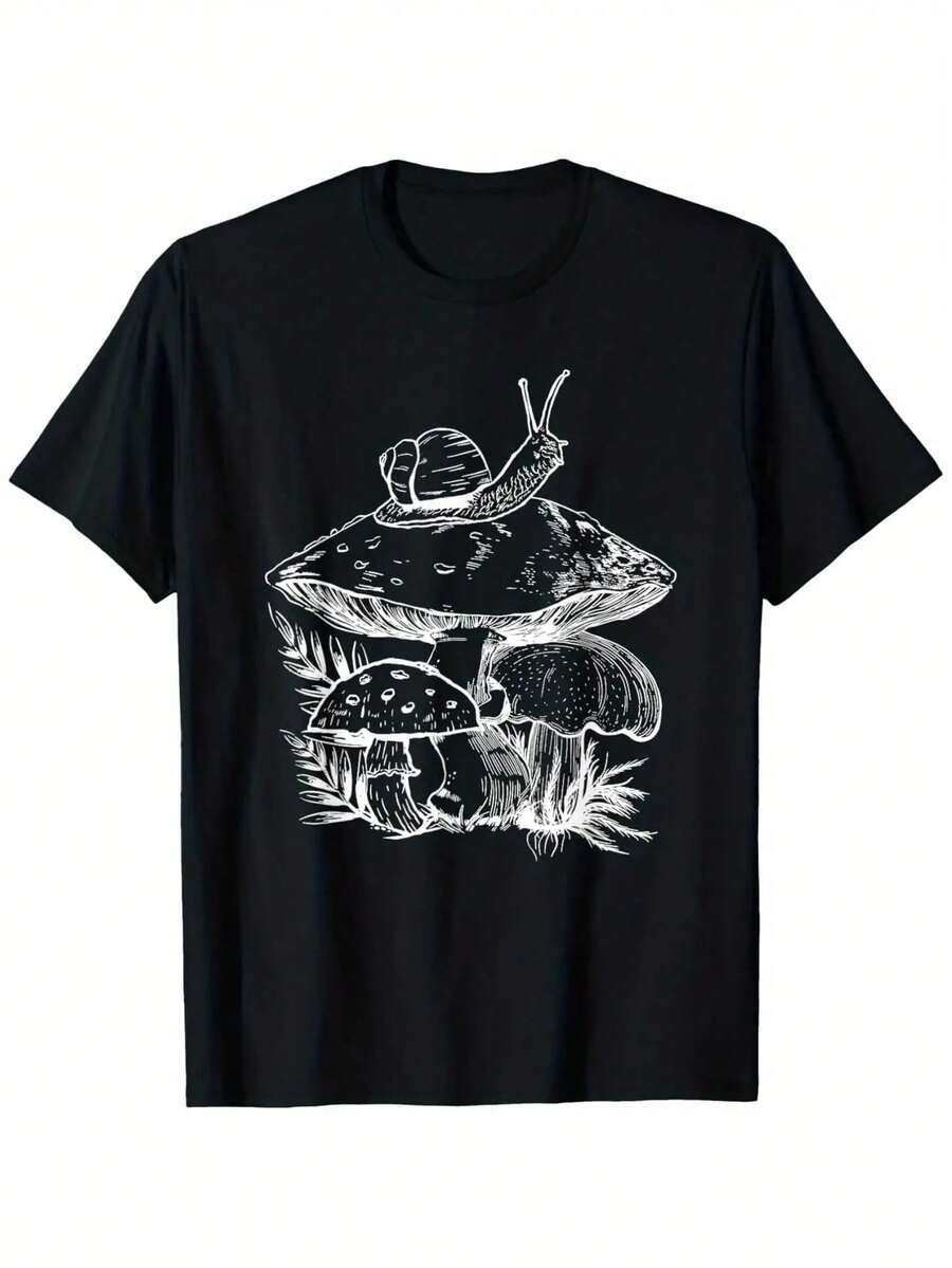Men's Cottagecore Mushroom Snail Fungi Goblincore Graphic T-Shirt - 100% Cotton Crew Neck Tee With Whimsical Forest Print, Slightly Elastic Casual Summer Top, Machine Washable (S-XXXL), Mushroom Gifts - 黑色 - 查看 1