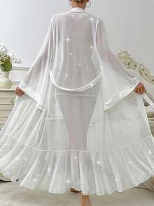 Women's Bathrobe Flare Long Sleeve Sequin See Through Nightgown With Ruffle Hem Belted Sleepwear, Romantic Shiny Rhinestone Star Sheer Mesh Maxi Robe - White - View 6