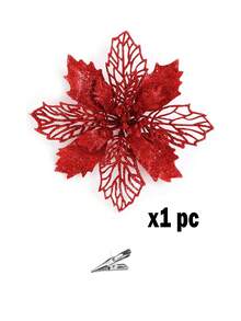 1/10 piezas Decoración de flores de Flor de Pascua con lentejuelas y clips, hojas de malla con brillo dorado rosa, flores de Flor de Pascua artificiales para árbol de Navidad, decoraciones navideñas y de Año Nuevo, flores de Navidad artificiales brillantes para árbol de Navidad dorado rosa, decoración de mesa de boda (Rojo)