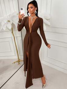 Amarilo Women's Autumn/Winter Fashionable And Sensual Party Dress Deep V-Neck, Long Sleeves With Overlay Details Fitted Waist With Side Slit Fishtail Hem Solid Colour Shiny Fabric Long Dress