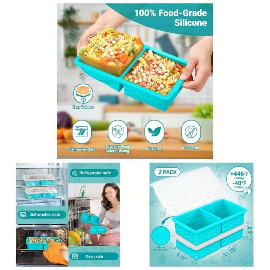 Silicone Freezer Tray With Lid U2013 2 - Cup Soup Freezer Container Molds, Large Cube Trays Freezing Soup, Sauce Broth, Meal Prep Food Storage U2013 Oven Dishwasher , 2 - Pack - hồ xanh - Xem 1