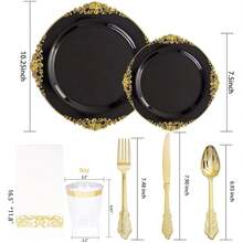 Black Plastic Plates Disposable - 175pcs Party Supplies For 25 Guests - 如圖/K - 查看 4