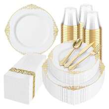 White Plastic Plates Disposable Set - 350pc Party Dinnerware, Includes Plates, Cutlery, Napkins, Cups For 50 Guests - Thanksgiving, Weddings, Events - 如圖/Y - 查看 1