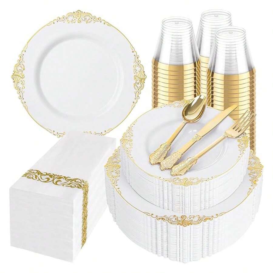 White Plastic Plates Disposable Set - 350pc Party Dinnerware, Includes Plates, Cutlery, Napkins, Cups For 50 Guests - Thanksgiving, Weddings, Events - 如圖/Y - 查看 1